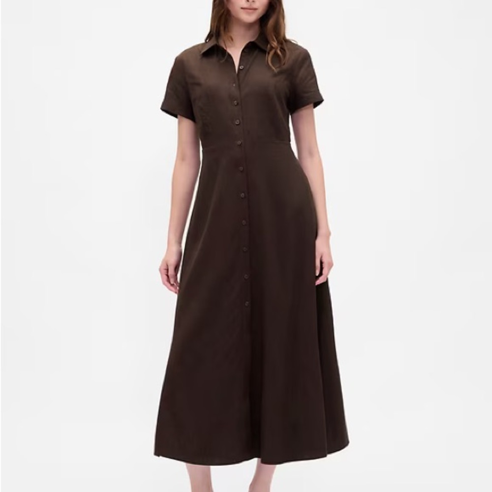 Brown midi linen shirt dress